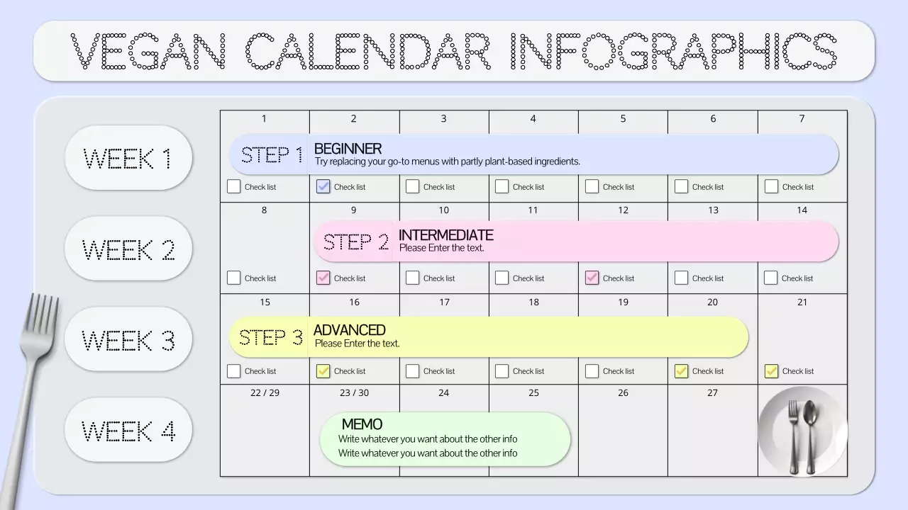 A clean vegan diet calendar in light blue and gray