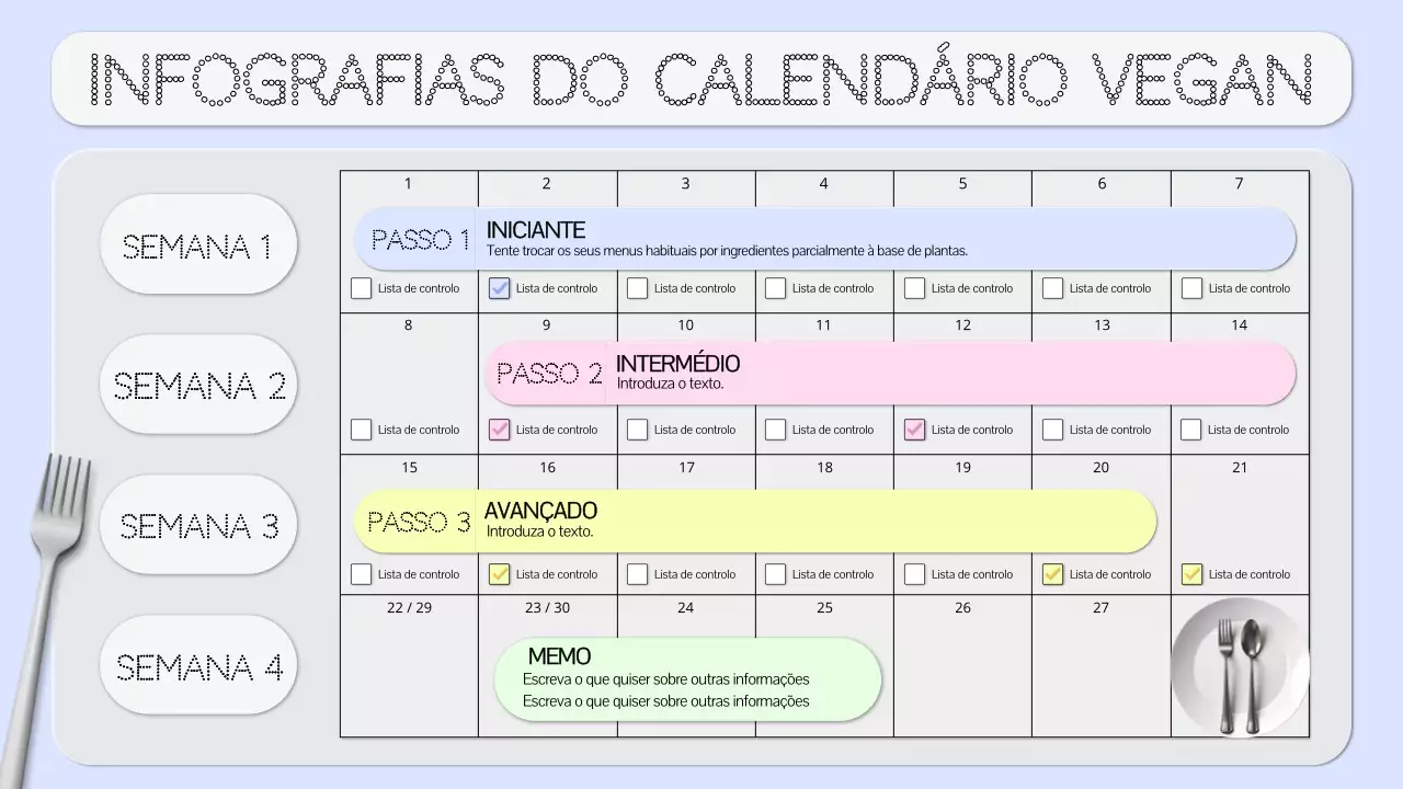 calendário azul e cinzento de dieta vegana simples