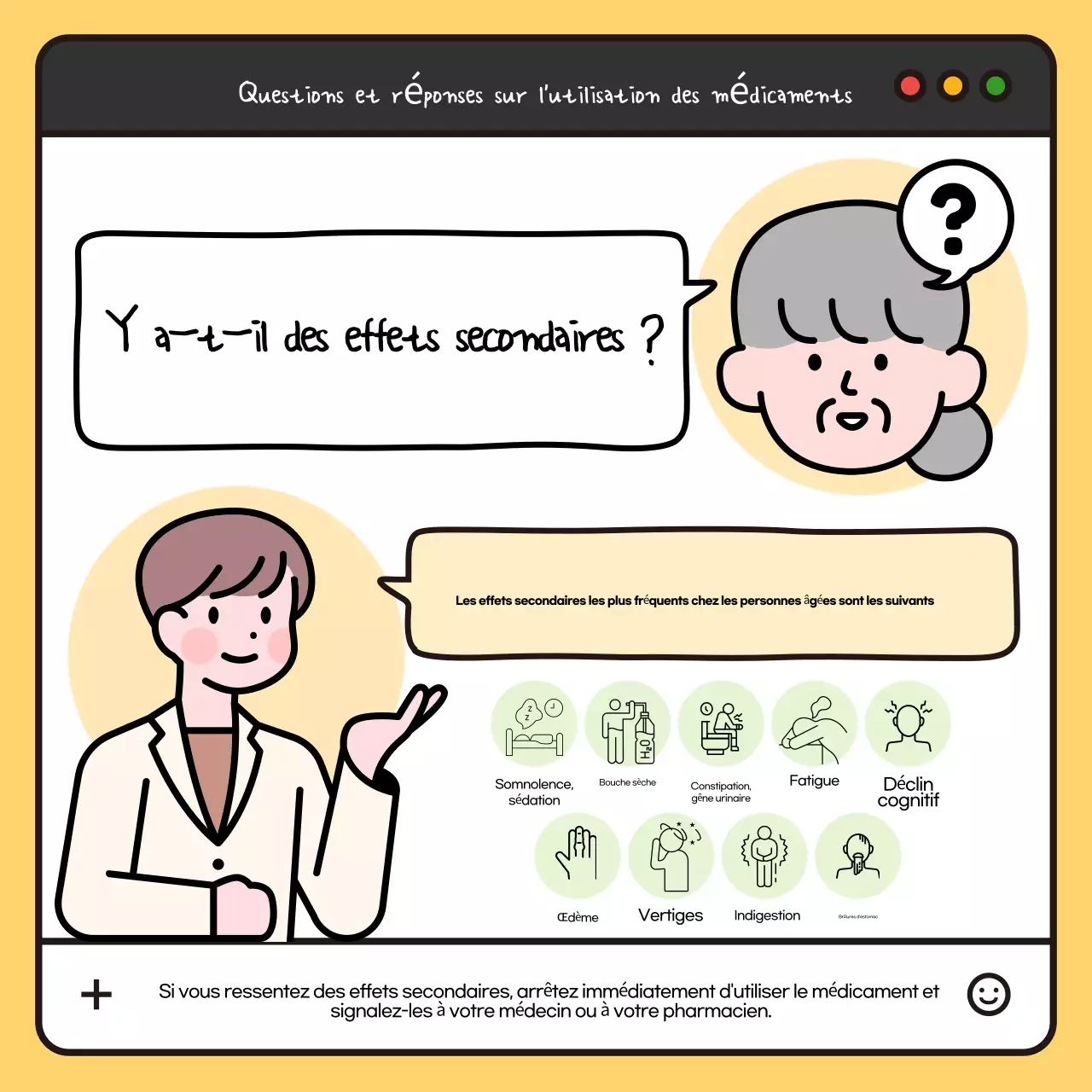 Un guide pop-art, blanc et noir, des médicaments pour les personnes âgées