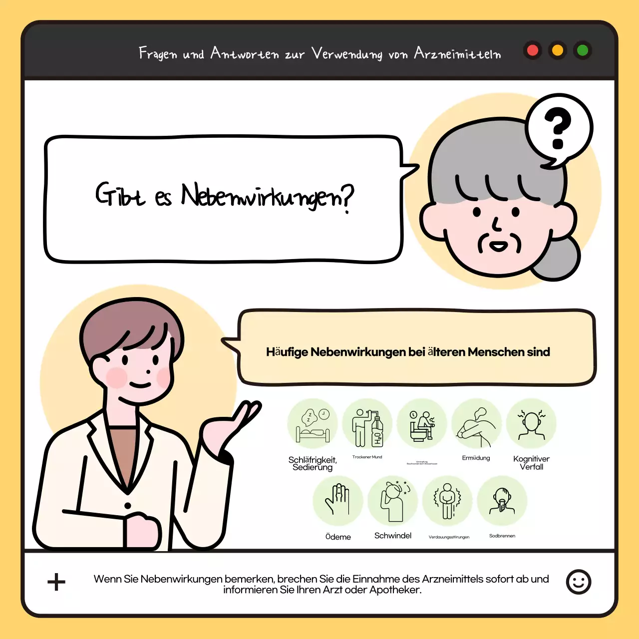 Ein weiß-schwarzer Pop-Art-Leitfaden zu Medikamenten für Senioren