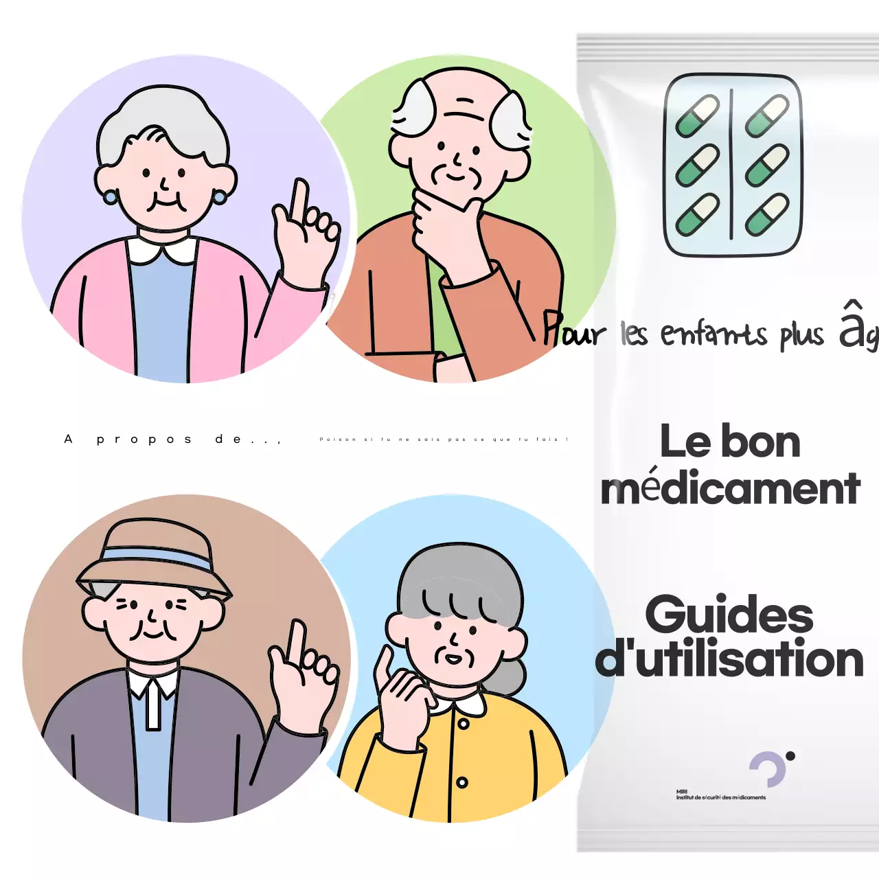 Un guide pop-art, blanc et noir, des médicaments pour les personnes âgées