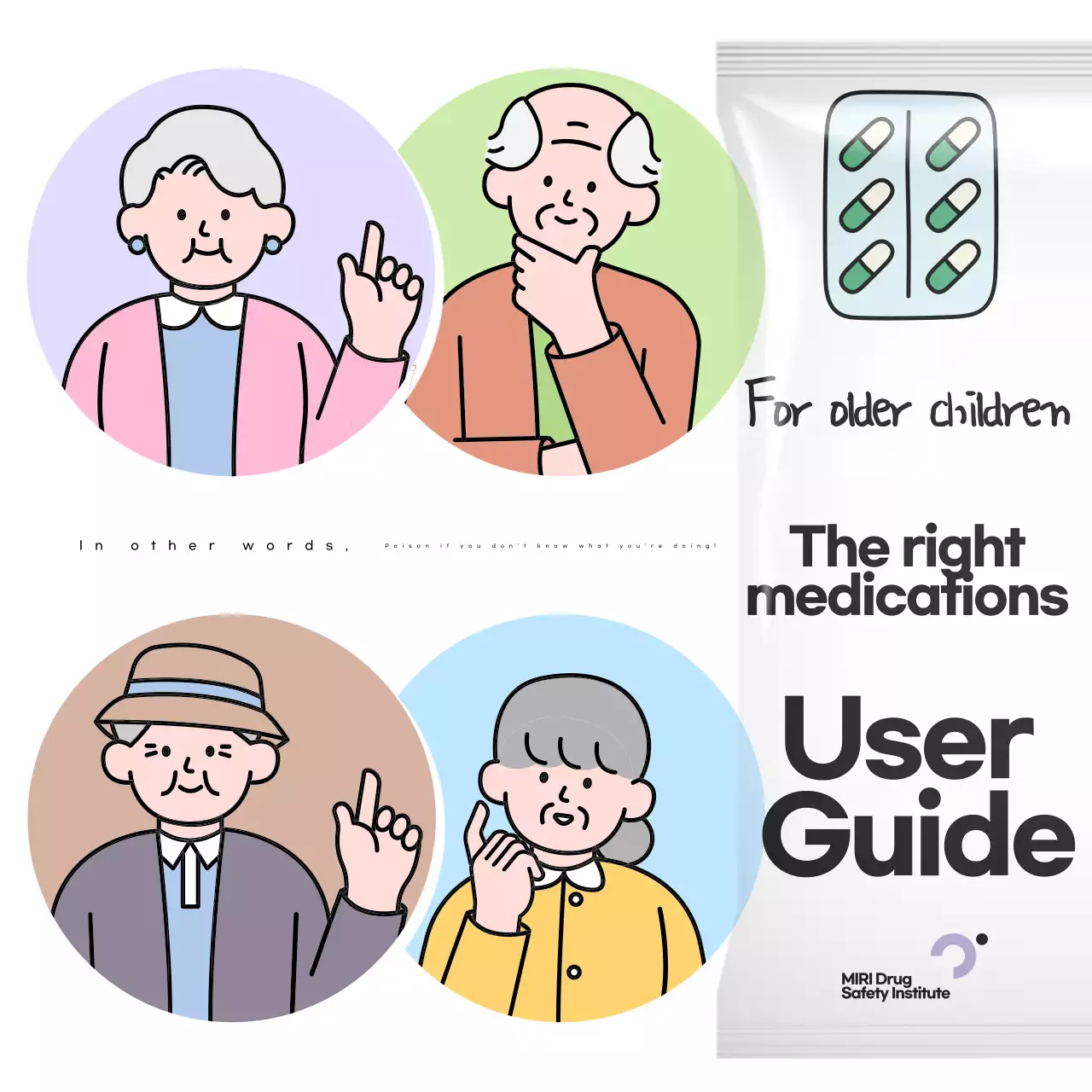 Um guia pop-art, a branco e preto, de medicamentos para idosos