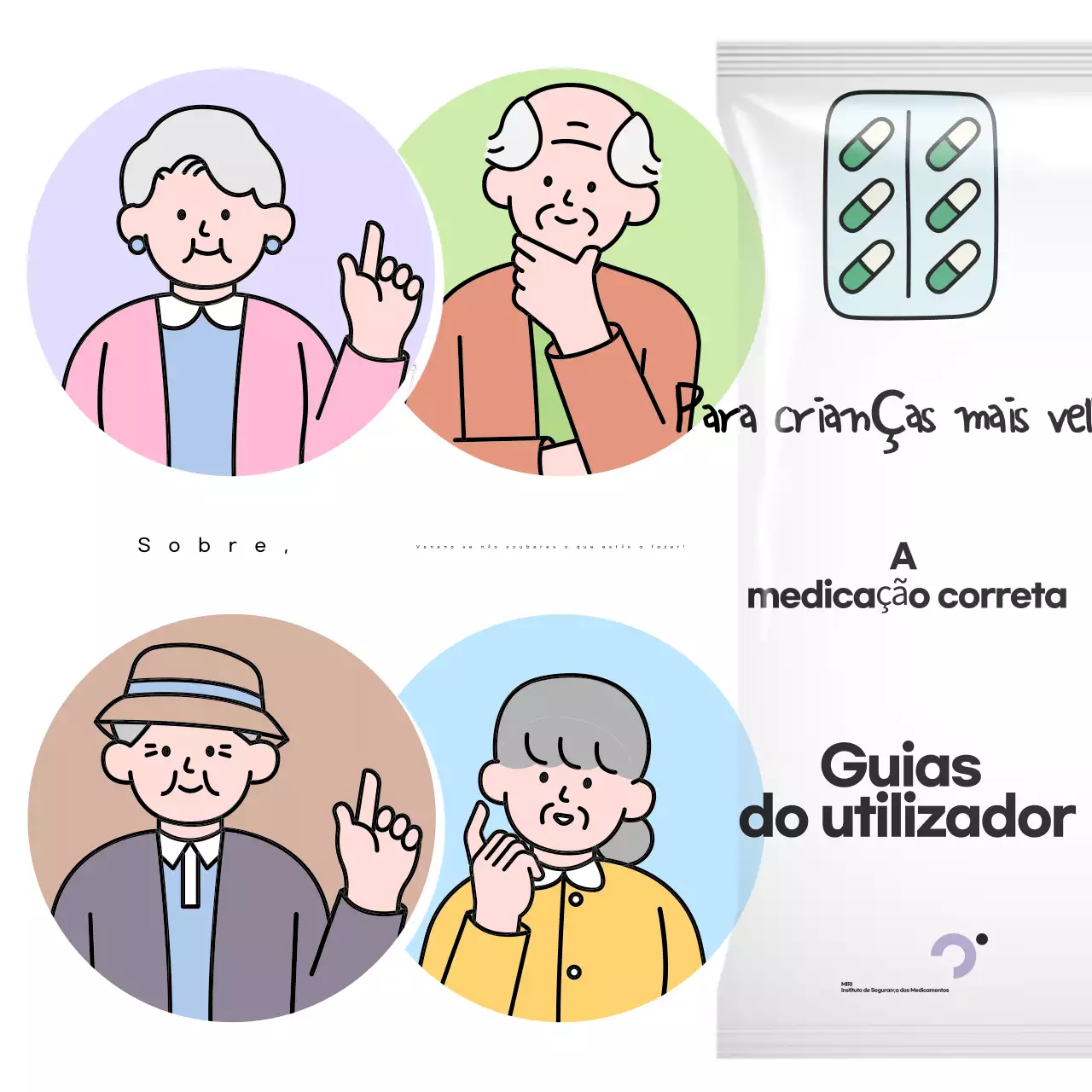 Um guia pop-art, a branco e preto, de medicamentos para idosos