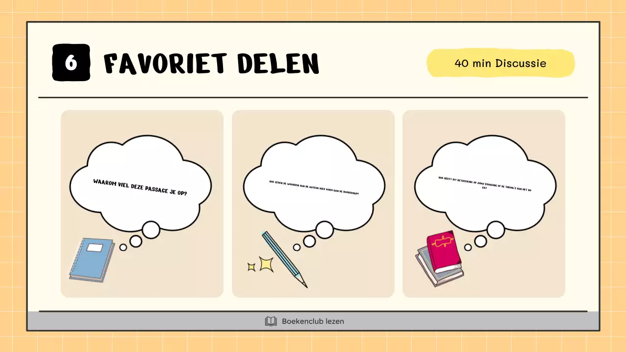 Een kitscherige boekenclub in geel en beige legt uit