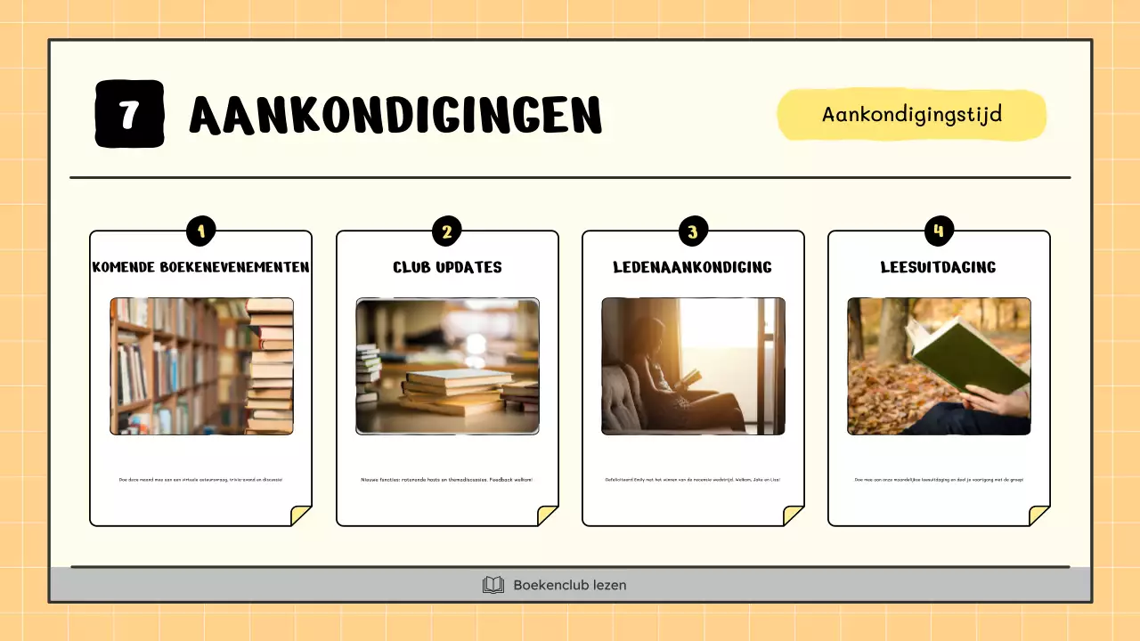 Een kitscherige boekenclub in geel en beige legt uit