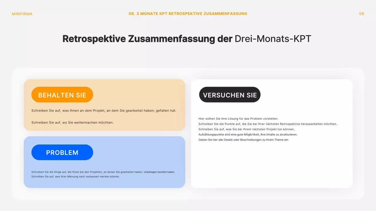 Modernes Konferenzdeck für Projektrückblicke in Orange und Weiß