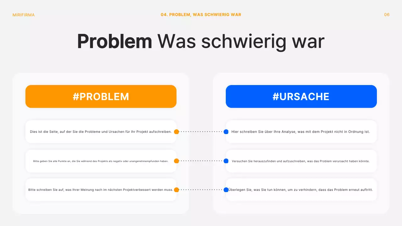 Modernes Konferenzdeck für Projektrückblicke in Orange und Weiß
