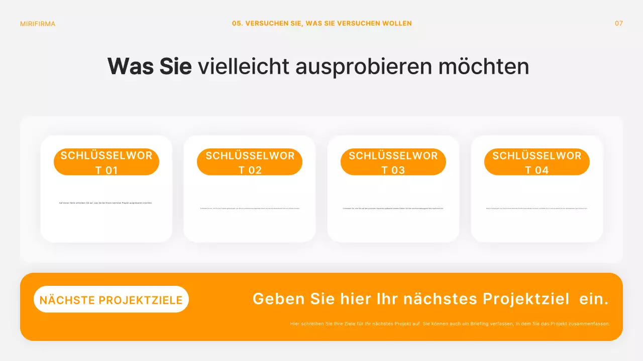 Modernes Konferenzdeck für Projektrückblicke in Orange und Weiß