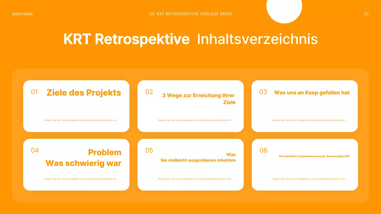 Modernes Konferenzdeck für Projektrückblicke in Orange und Weiß
