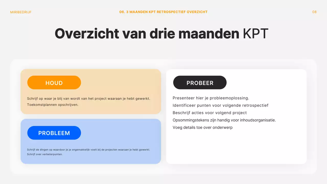 Modern project retrospectief vergaderdek in oranje en wit