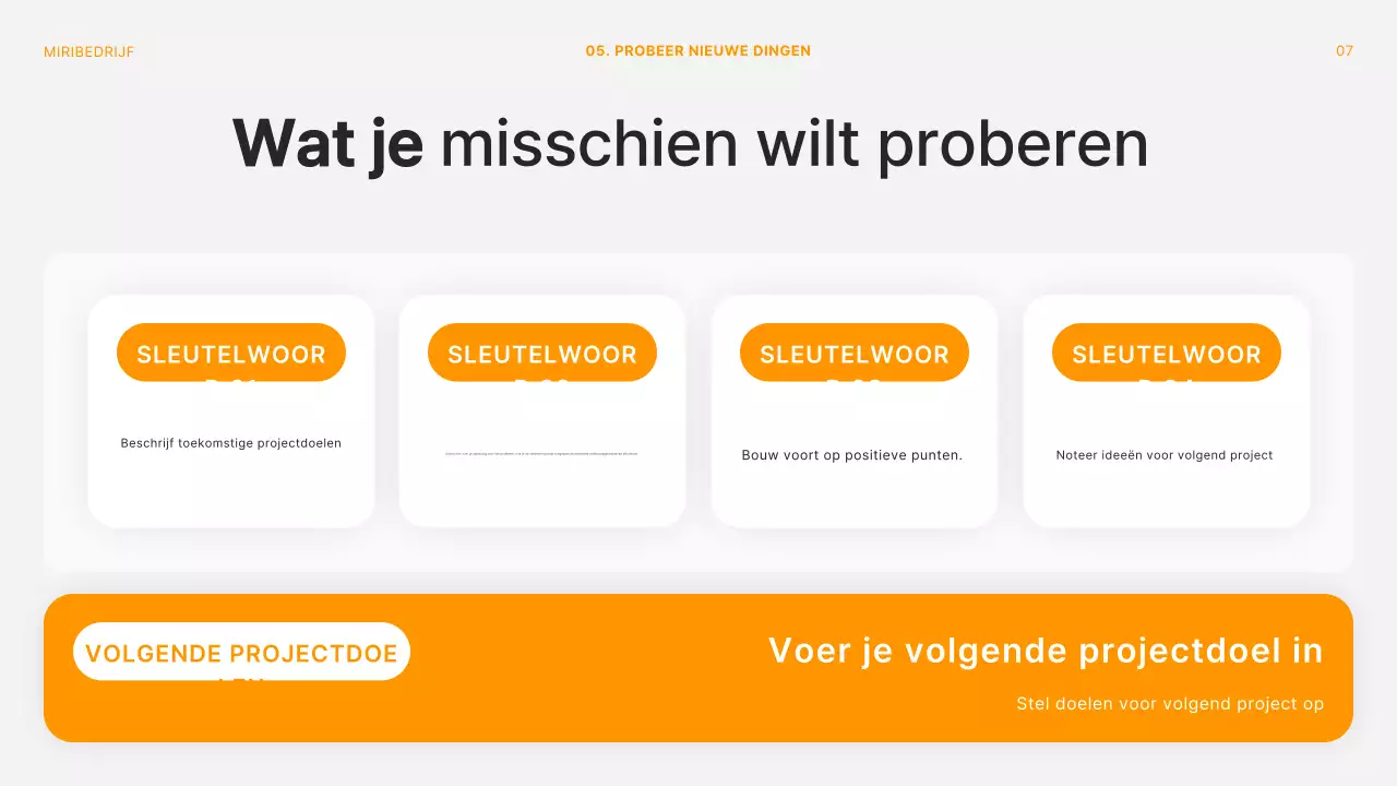 Modern project retrospectief vergaderdek in oranje en wit