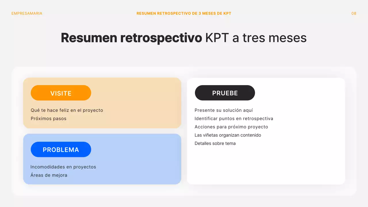 Moderna cubierta para reuniones retrospectivas de proyectos en naranja y blanco