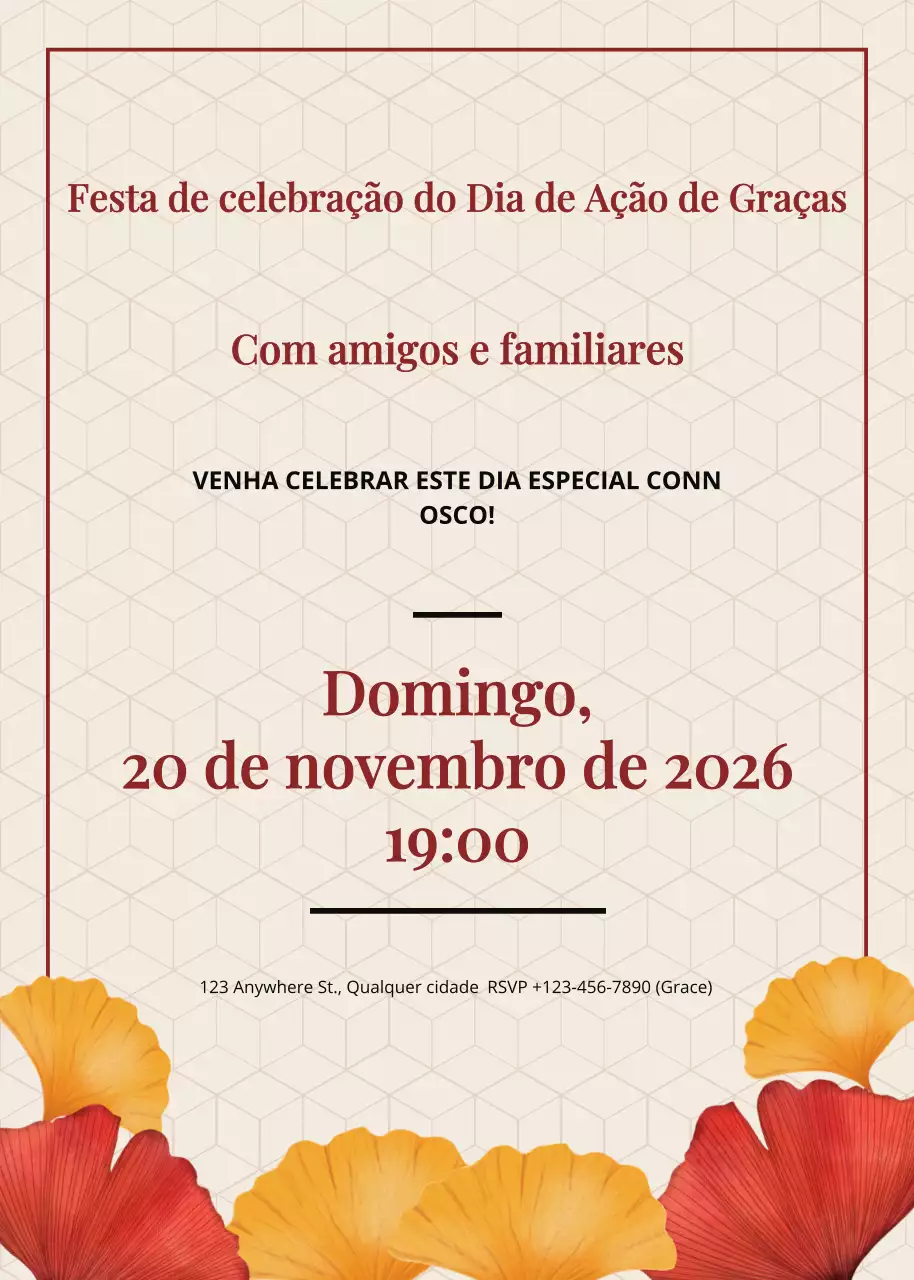 Convite clássico bege para a celebração do Dia de Ação de Graças