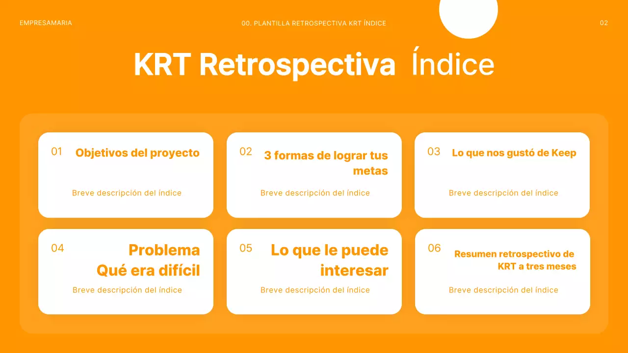 Moderna cubierta para reuniones retrospectivas de proyectos en naranja y blanco