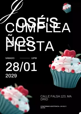Invitación moderna negra para fiesta de cumpleaños