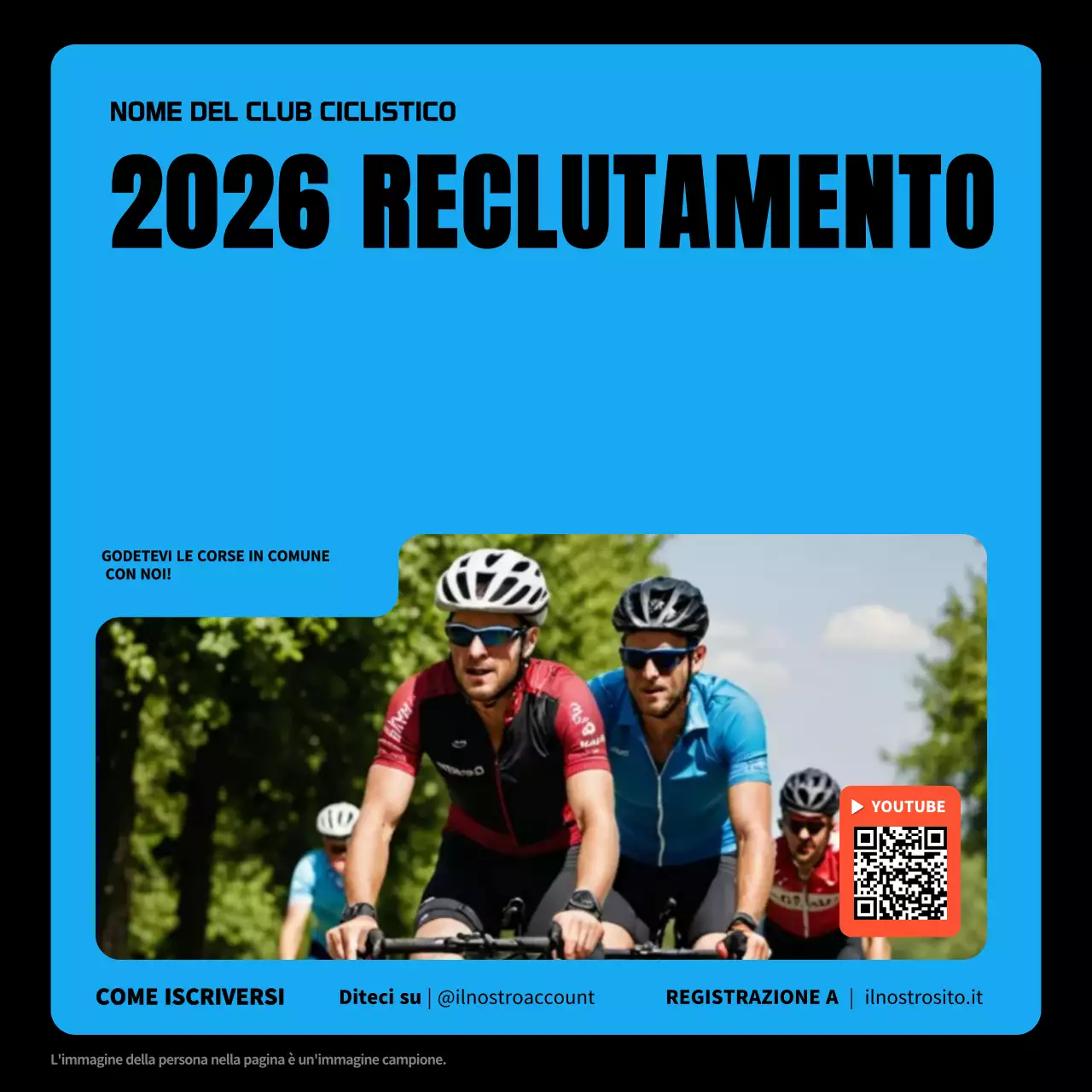 Un moderno club ciclistico in nero e blu con un invito a presentare candidature