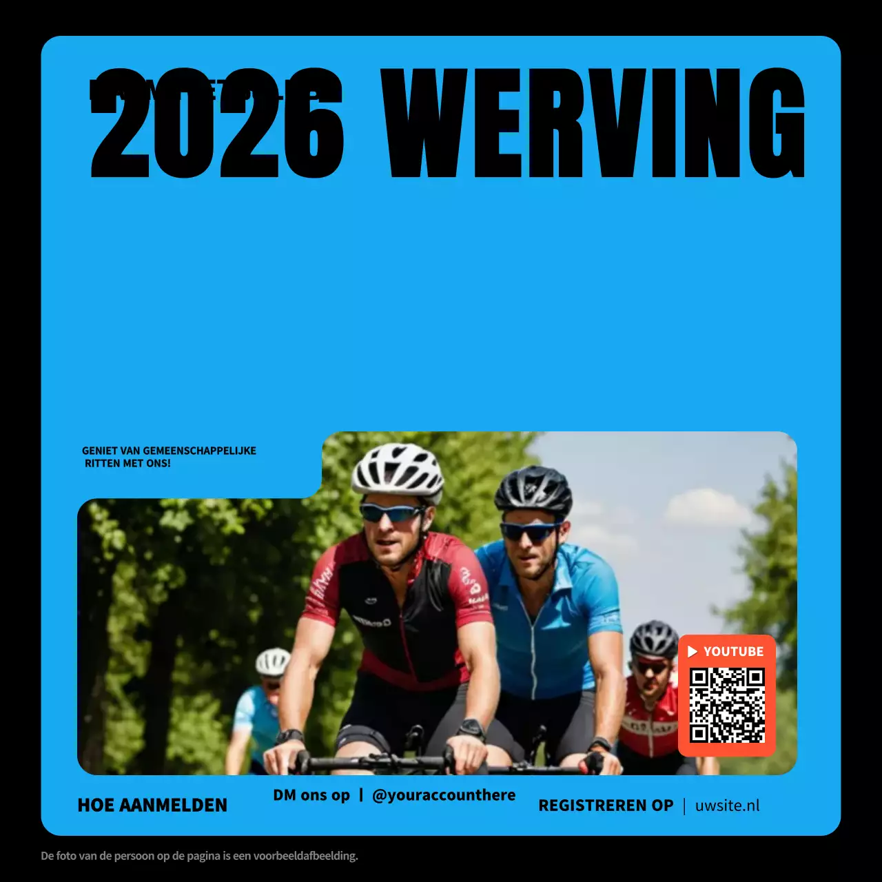 Een moderne wielerclub in zwart en blauw met een oproep voor aanmeldingen