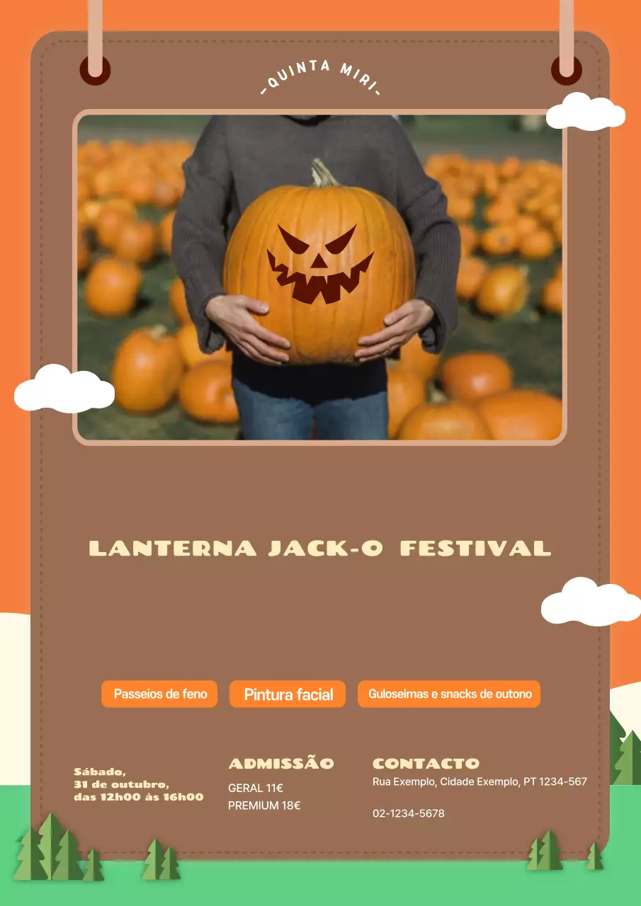 Anúncios de eventos de Halloween em laranja e castanho