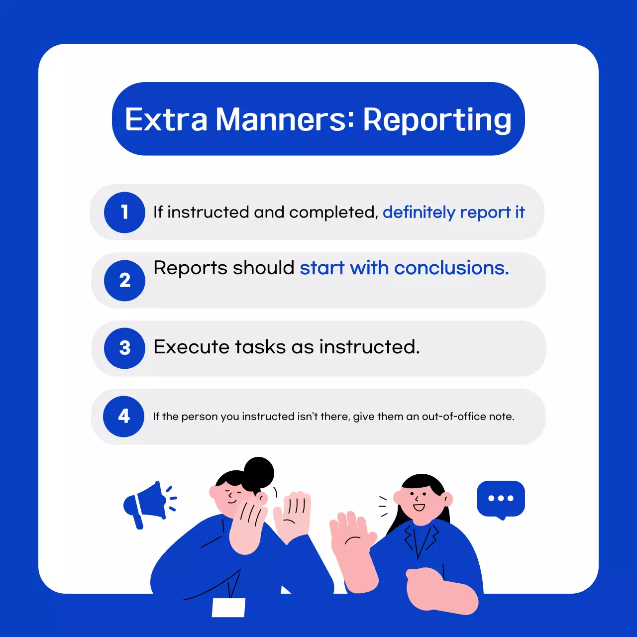 Dicas de etiqueta para novos funcionários em azul e branco