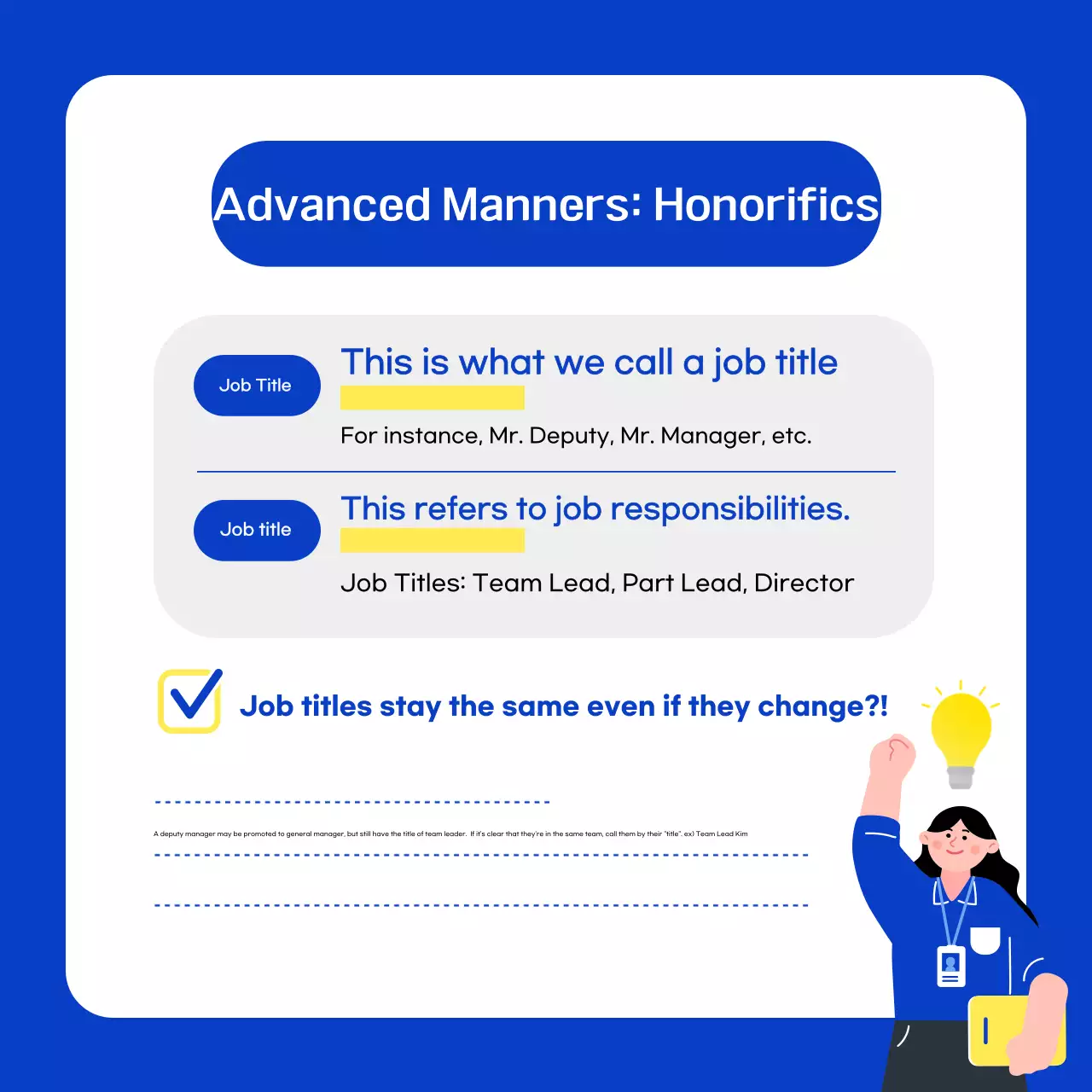 Dicas de etiqueta para novos funcionários em azul e branco