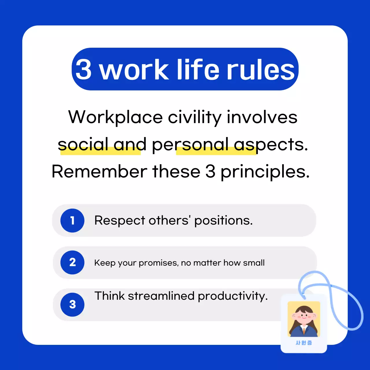 Dicas de etiqueta para novos funcionários em azul e branco