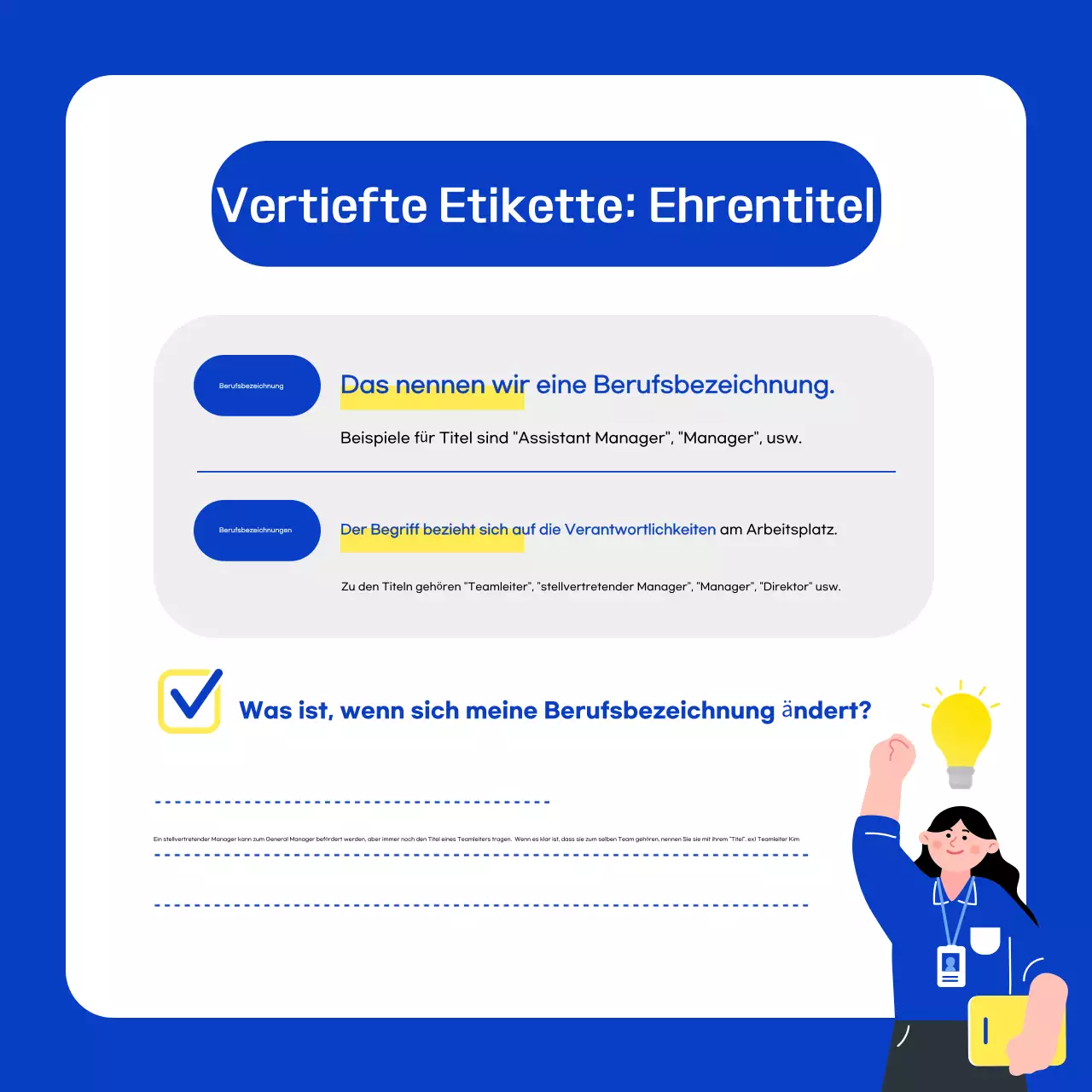 Knigge-Tipps für neue Mitarbeiter in Blau und Weiß