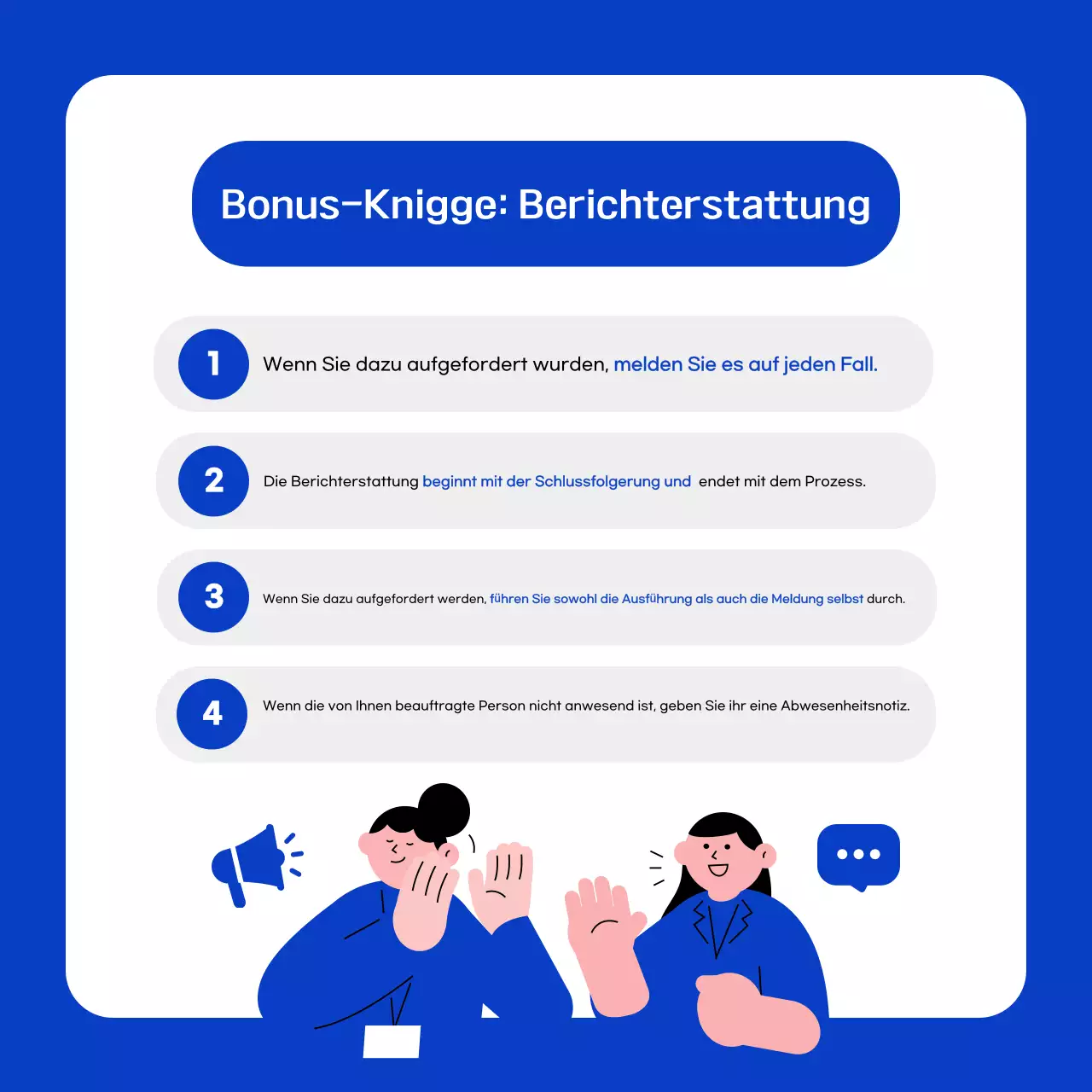 Knigge-Tipps für neue Mitarbeiter in Blau und Weiß