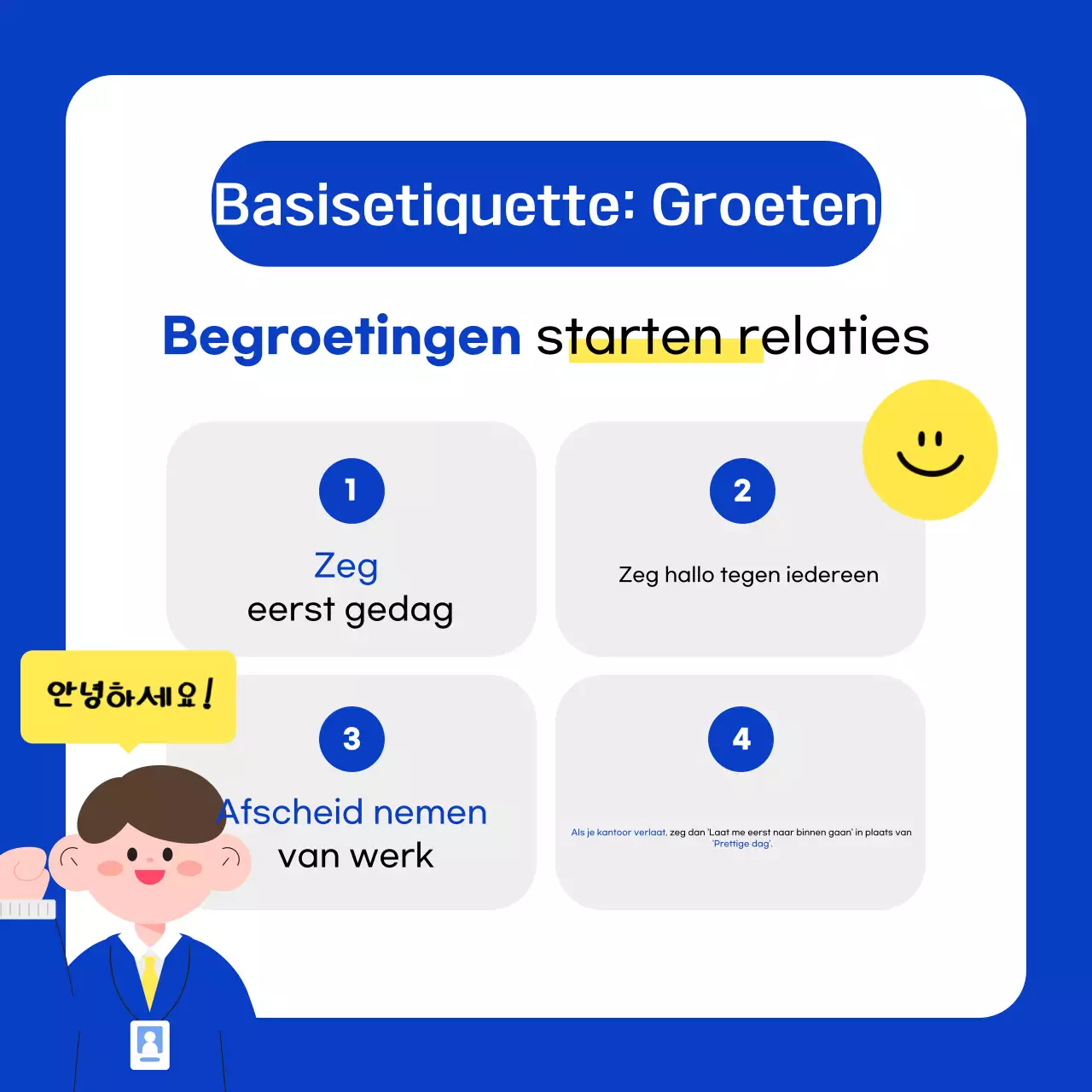 Etiquettetips voor nieuwe werknemers in blauw en wit