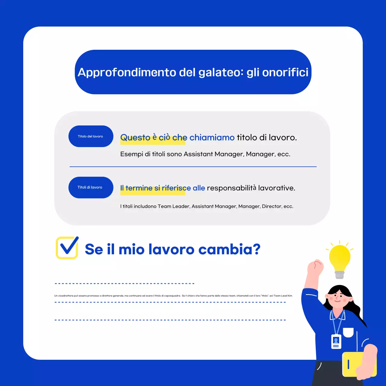 Consigli di etichetta per i nuovi dipendenti in bianco e blu