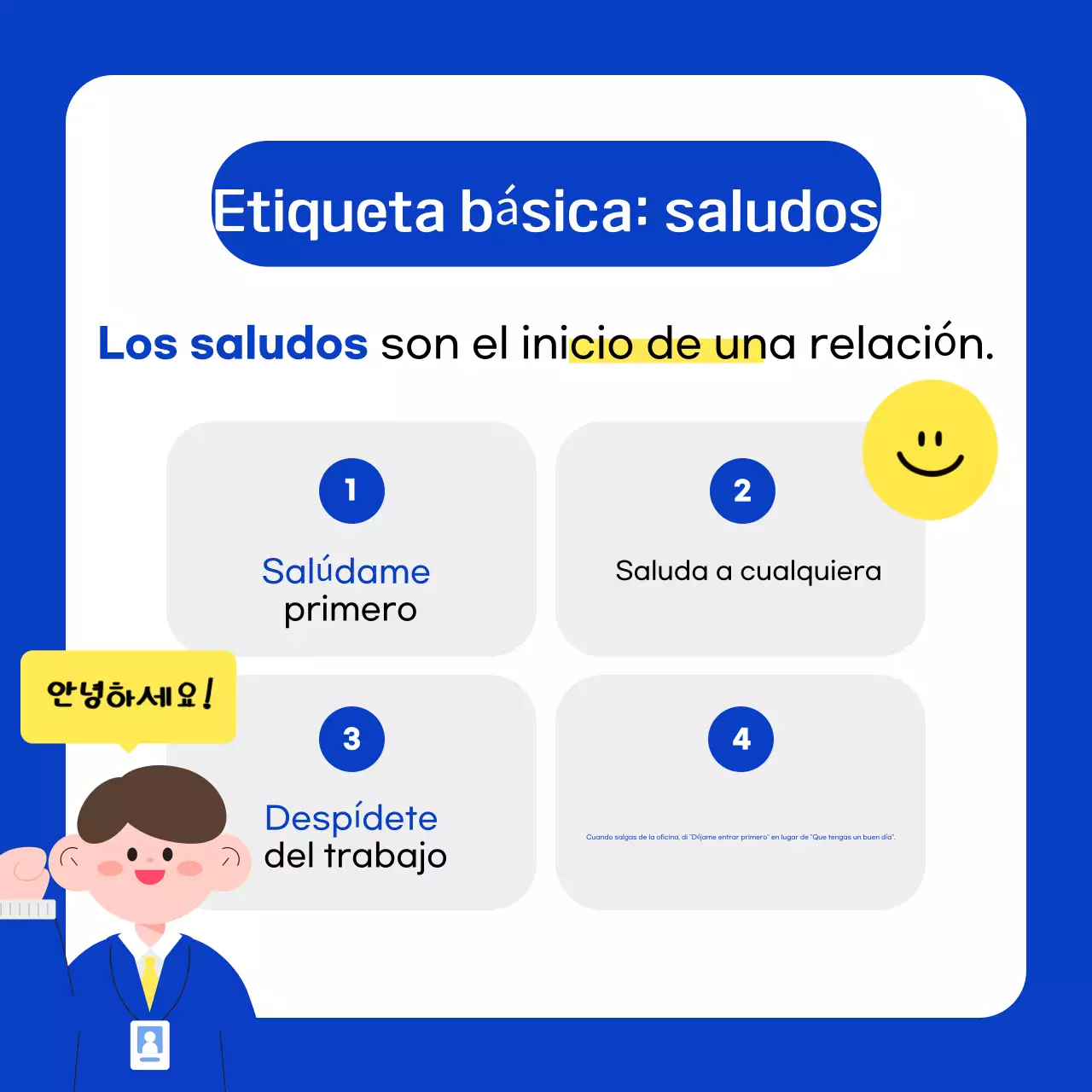 Consejos de etiqueta para nuevos empleados en azul y blanco