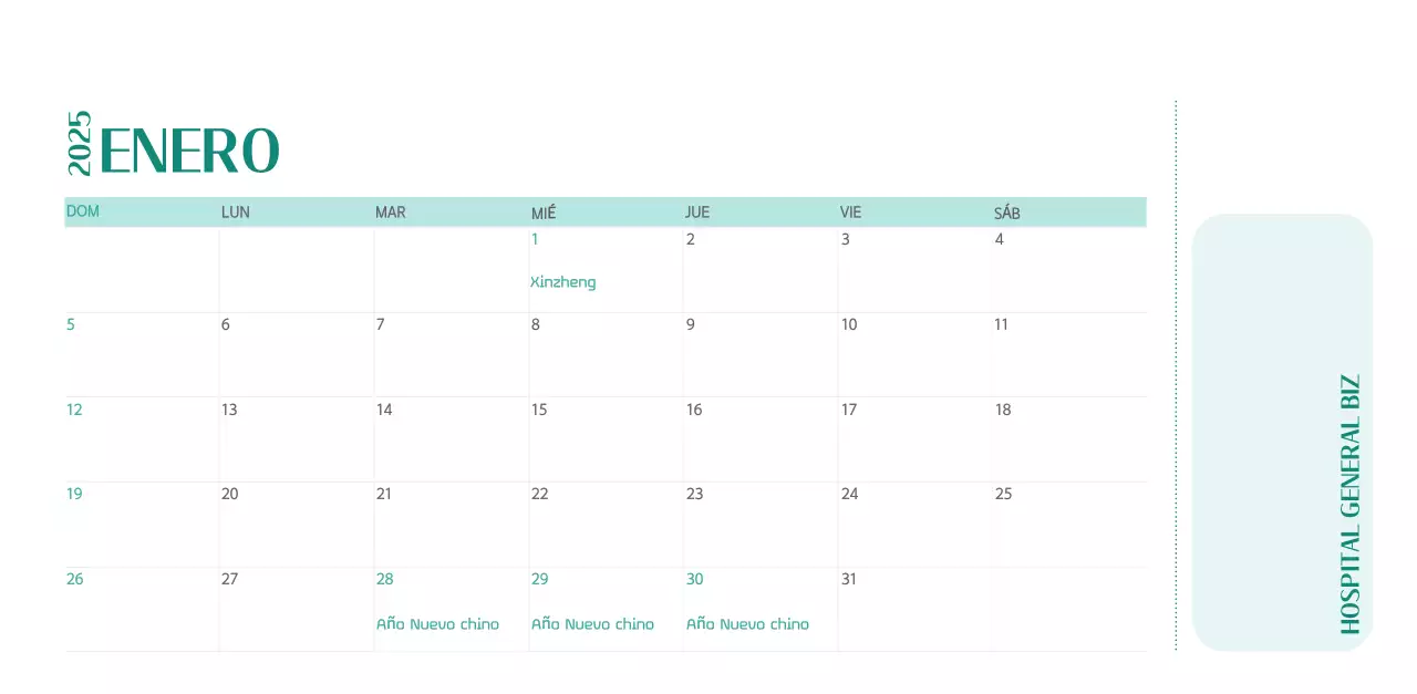 Calendario hospitalario en marco de fotos verde