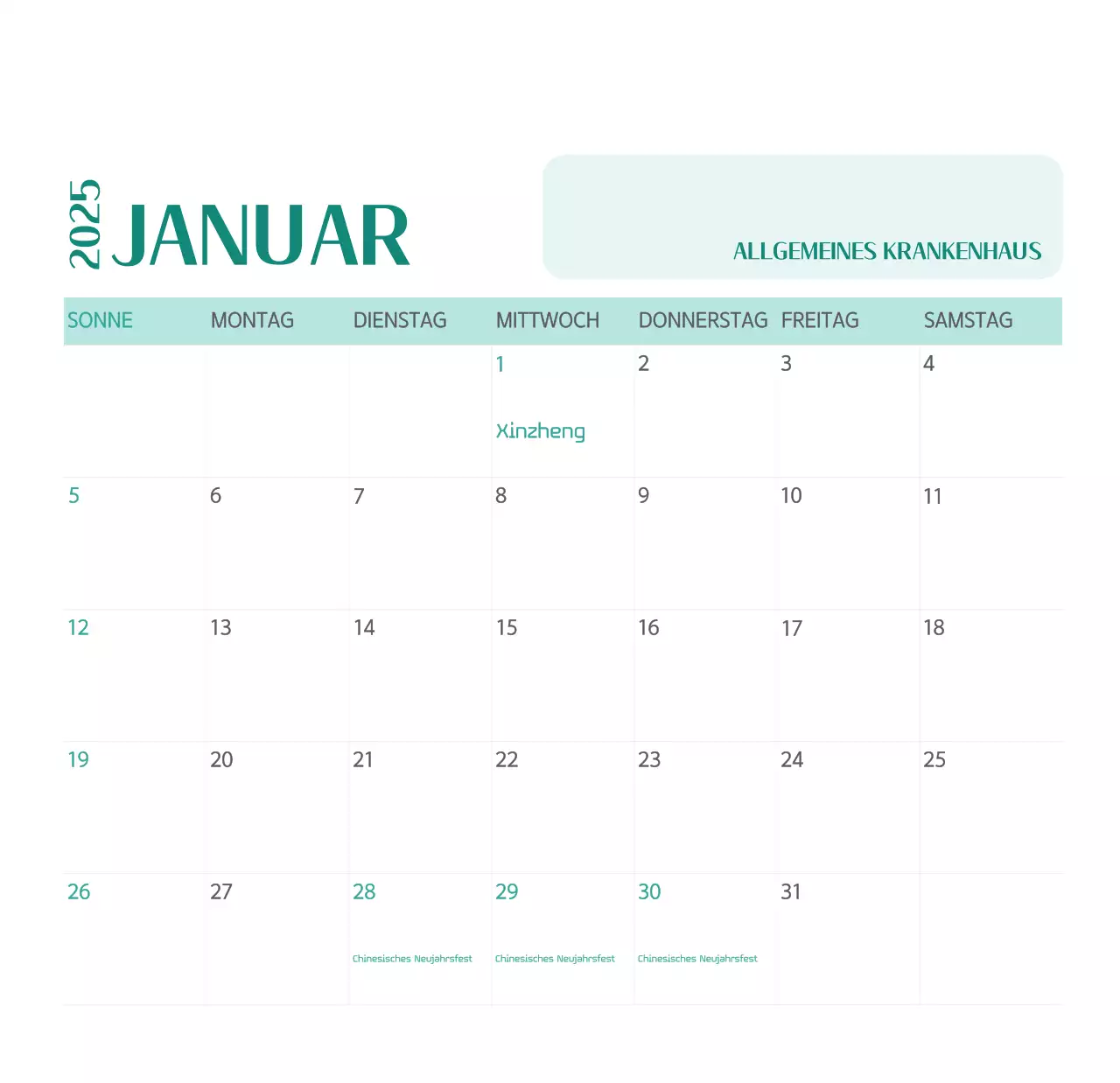 Krankenhauskalender in grünem Fotorahmen