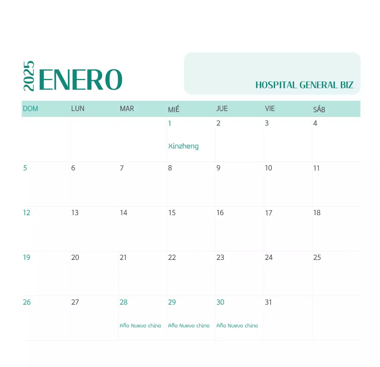 Calendario hospitalario en marco de fotos verde