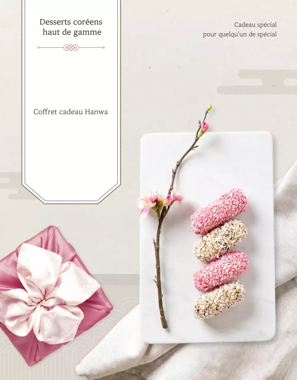 Promouvoir la vente d'en-cas coréens traditionnels de Chuseok et de coffrets cadeaux en ivoire et en rose.