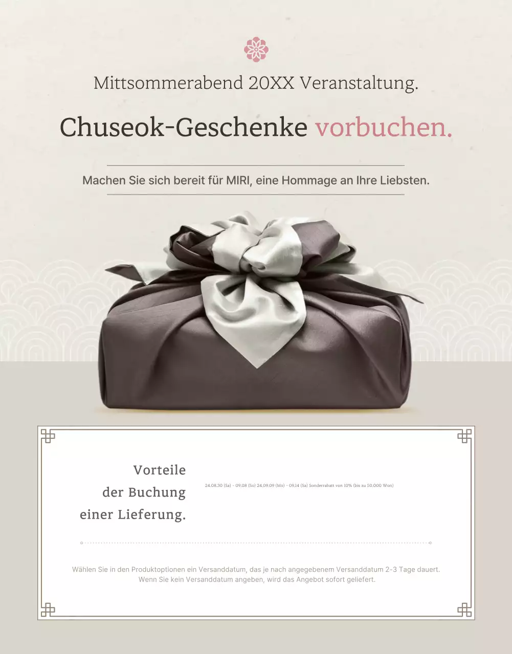 Förderung des Verkaufs von traditionellen koreanischen Chuseok-Snacks und Geschenksets in Elfenbein und Rosa