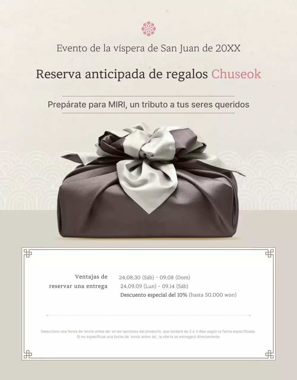 Promoción de la venta de aperitivos tradicionales coreanos Chuseok y lotes de regalo en marfil y rosa.