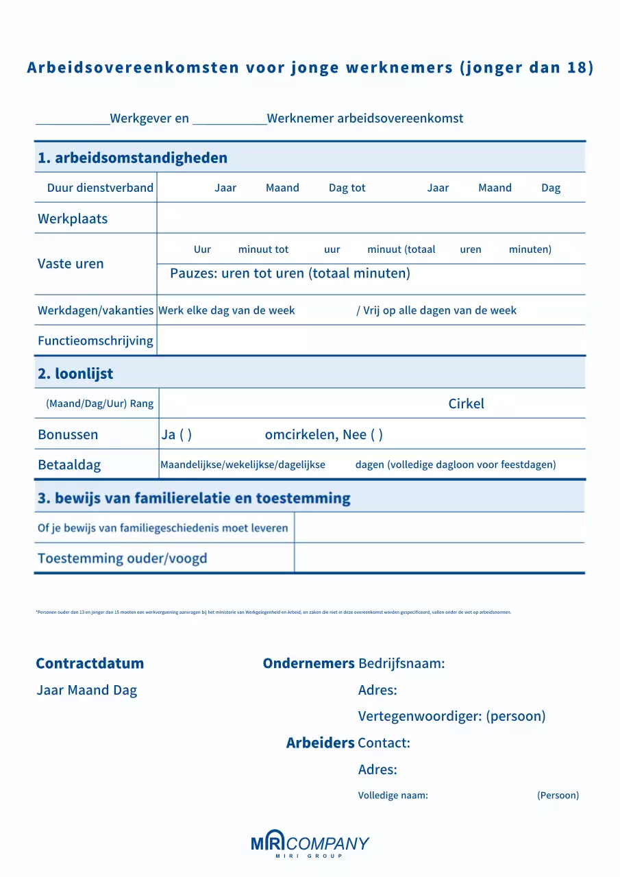 Blauw eenvoudig arbeidscontract