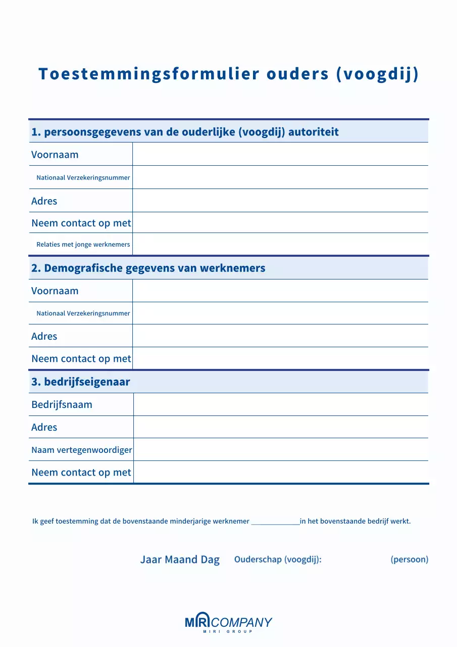 Blauw eenvoudig toestemmingsdocument voor ouders