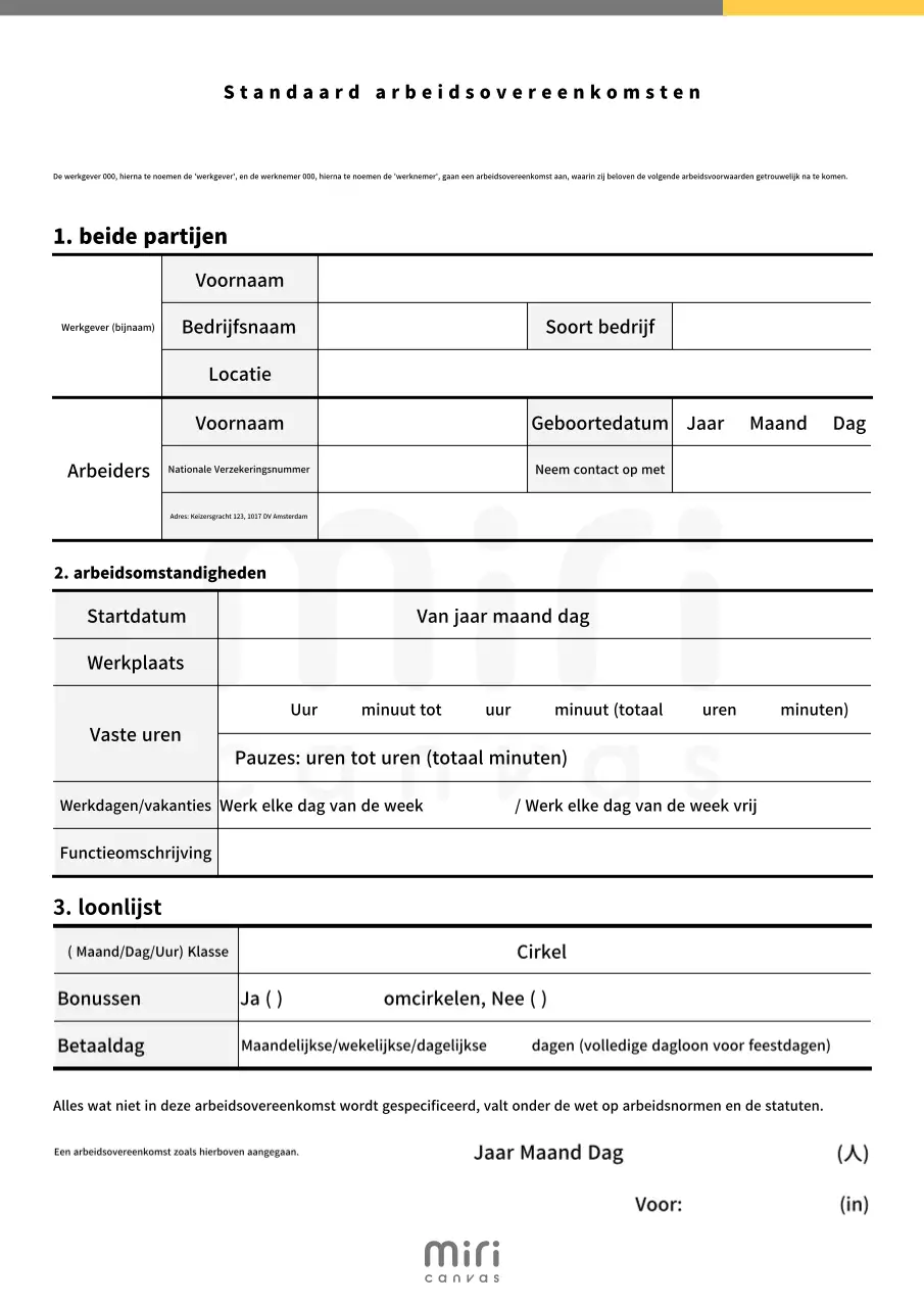 Witte standaard contractbeschrijving