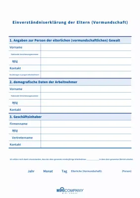 Blaues Einfaches Dokument zur elterlichen Zustimmung