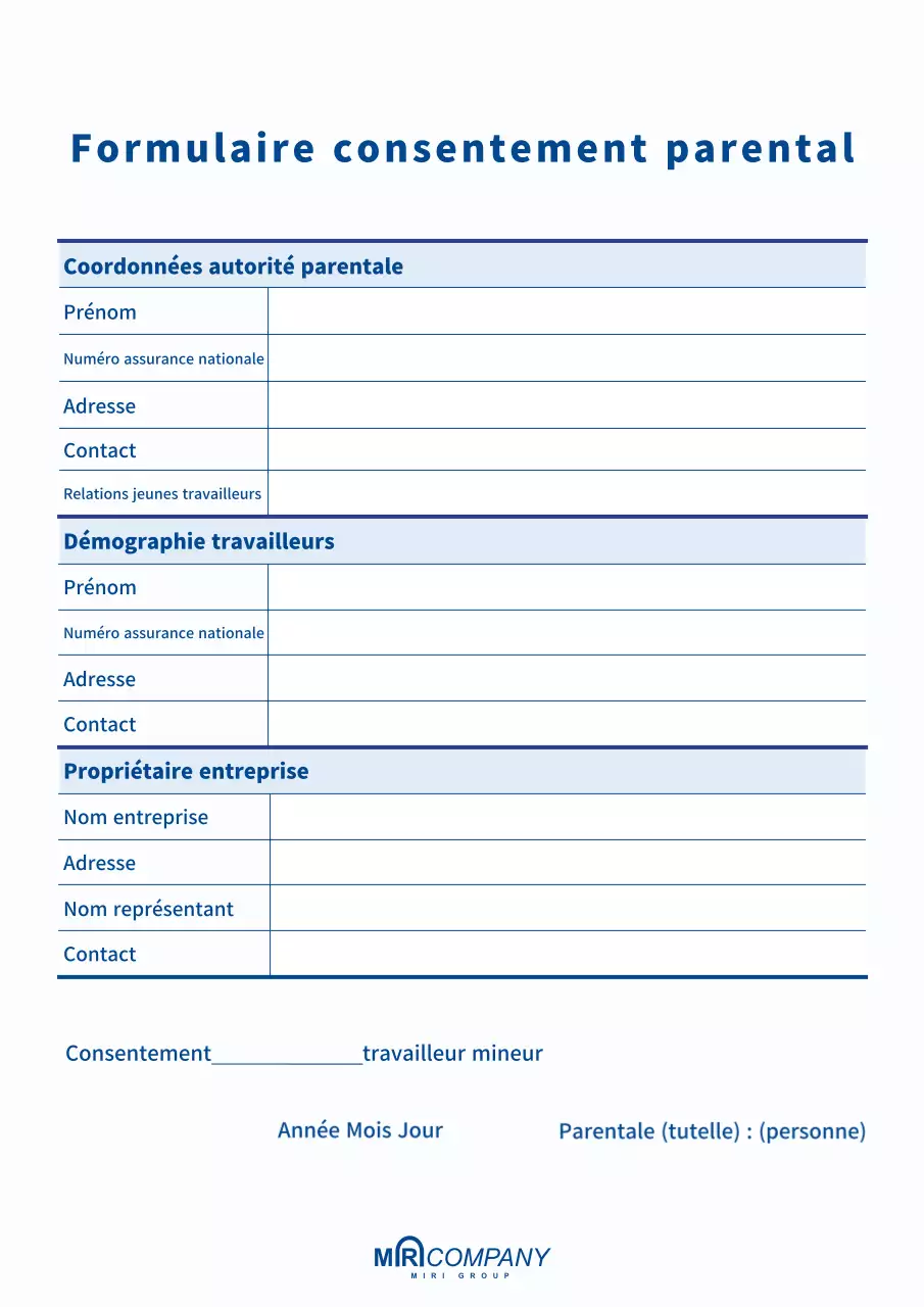 Document de consentement parental simple bleu