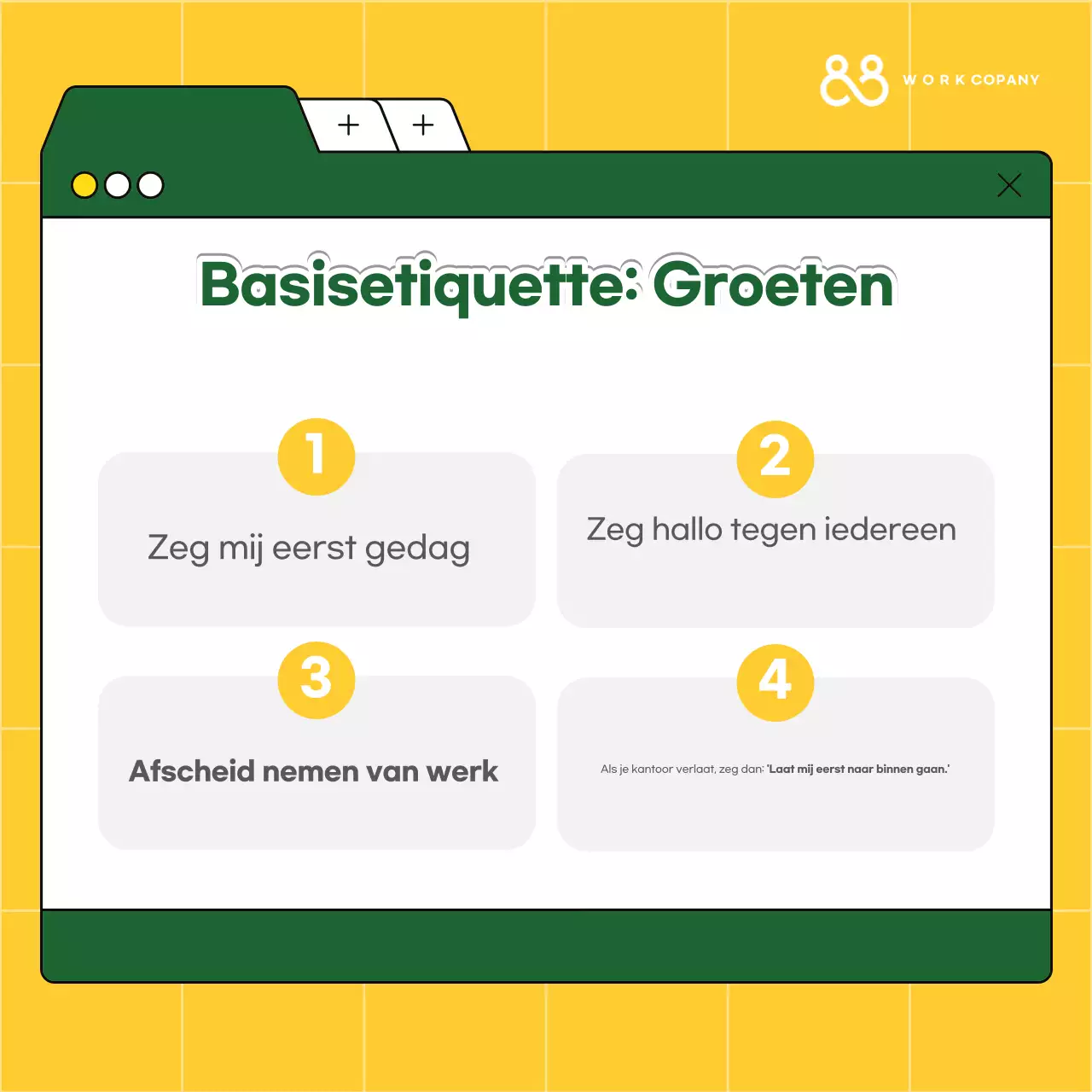 Gele eenvoudige trainingshulpmiddelen voor werkpleketiquette