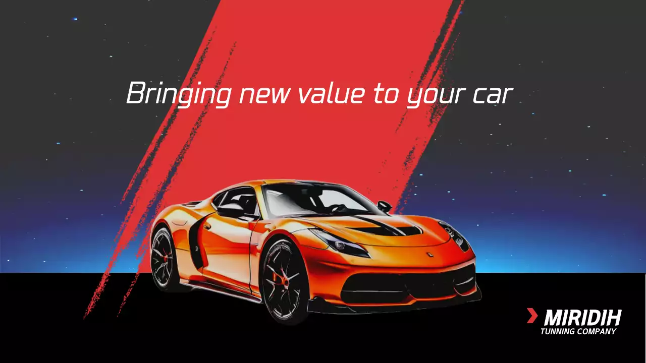 Um anúncio de uma empresa de serviços de tuning que destaca um carro desportivo vermelho