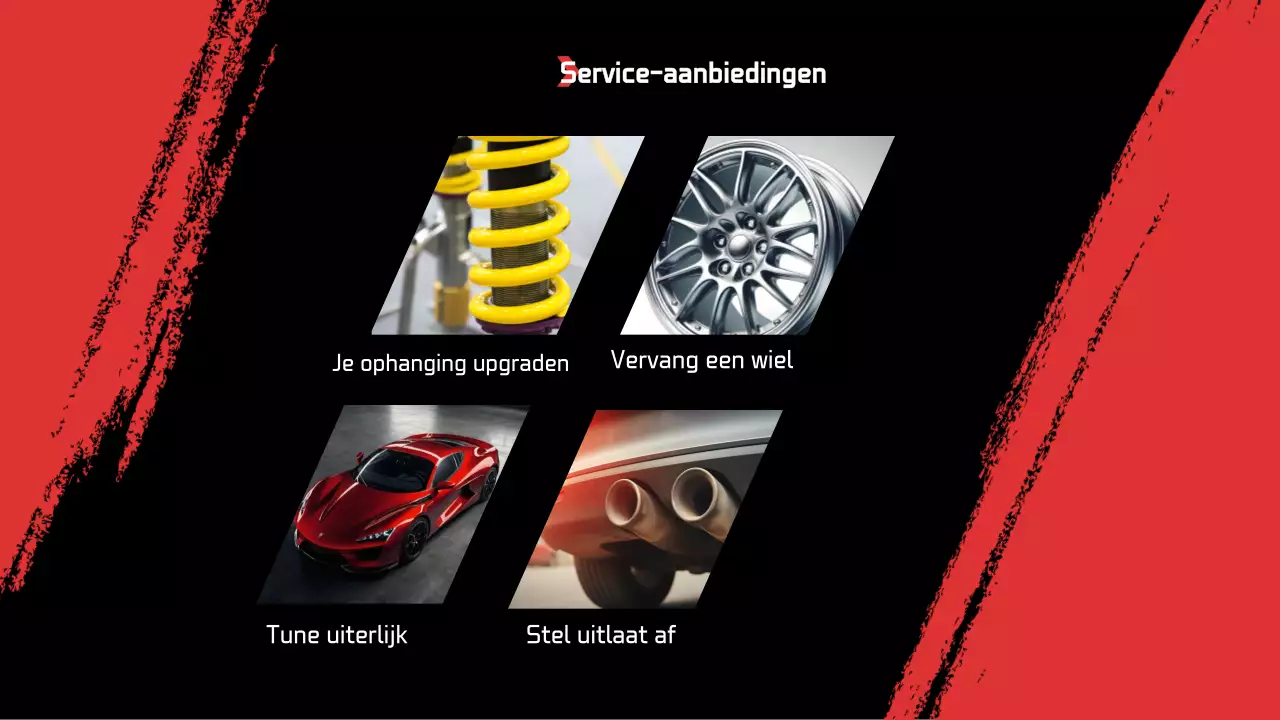 Een pitch van een tuningbedrijf over een rode sportwagen
