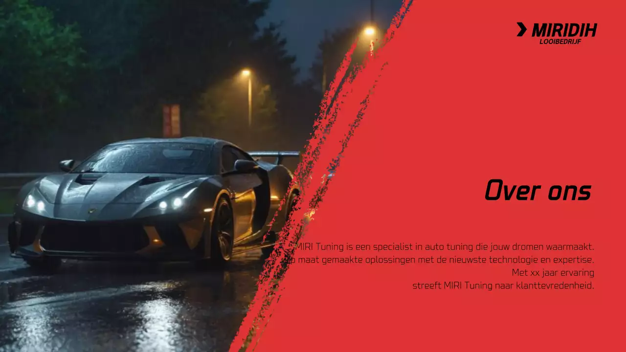 Een pitch van een tuningbedrijf over een rode sportwagen