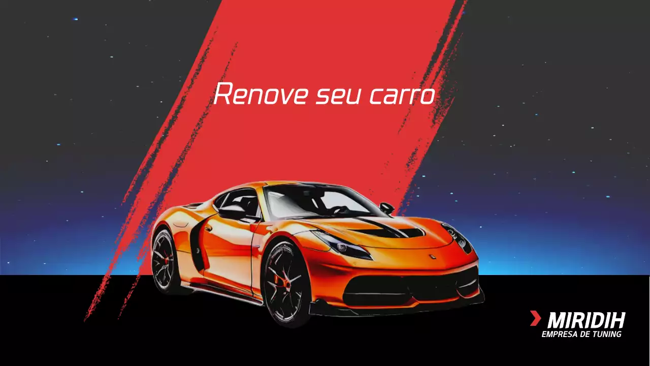 Um anúncio de uma empresa de serviços de tuning que destaca um carro desportivo vermelho