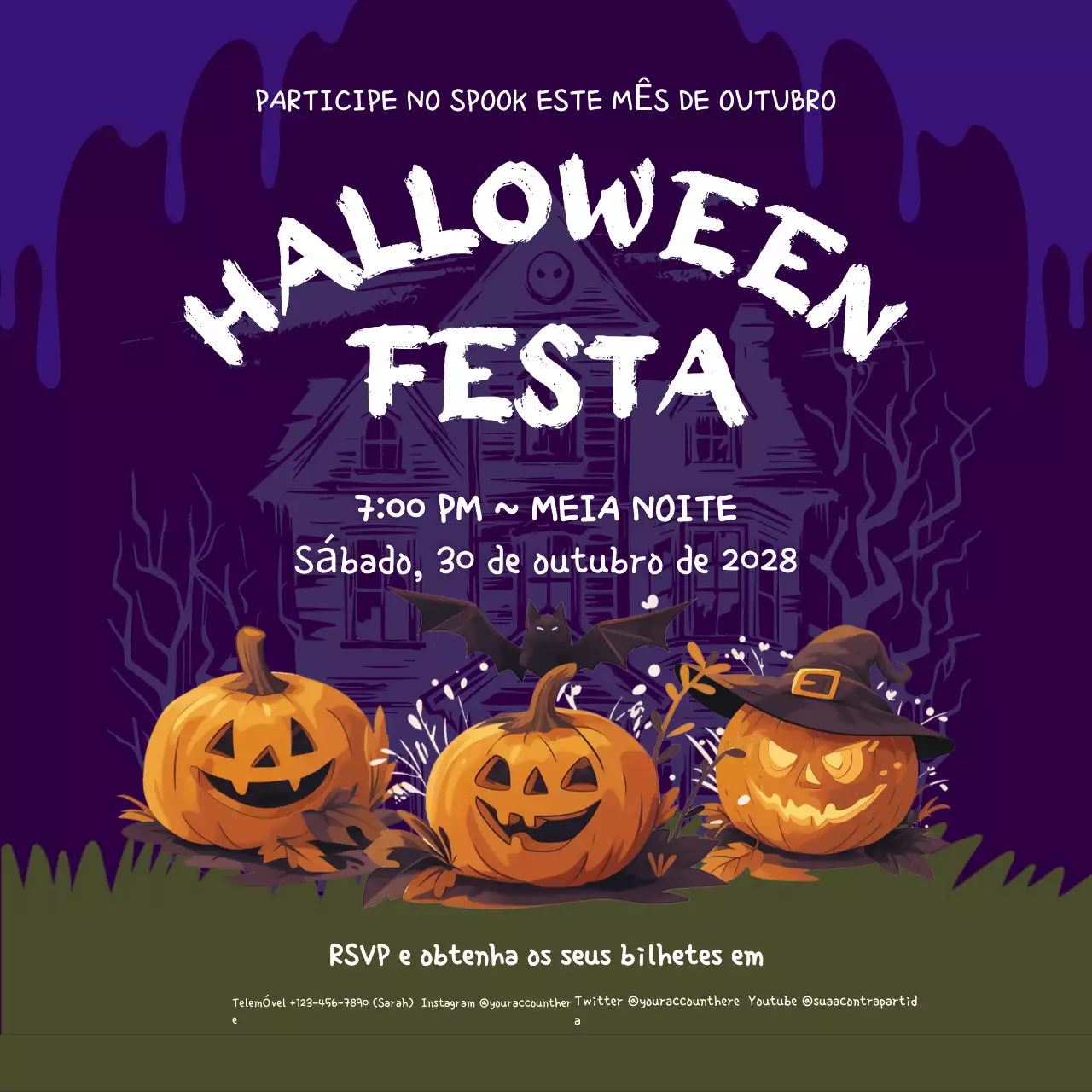convite de Halloween roxo e assustador