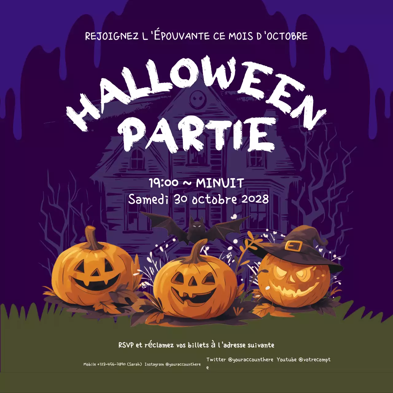 invitation à l'Halloween violet et effrayant