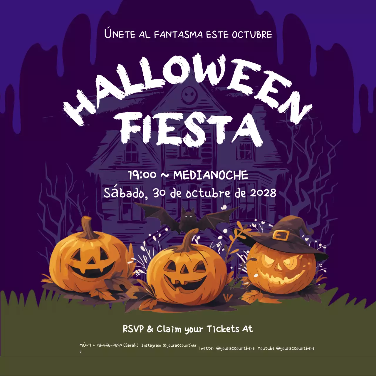 invitación espeluznante morada de Halloween