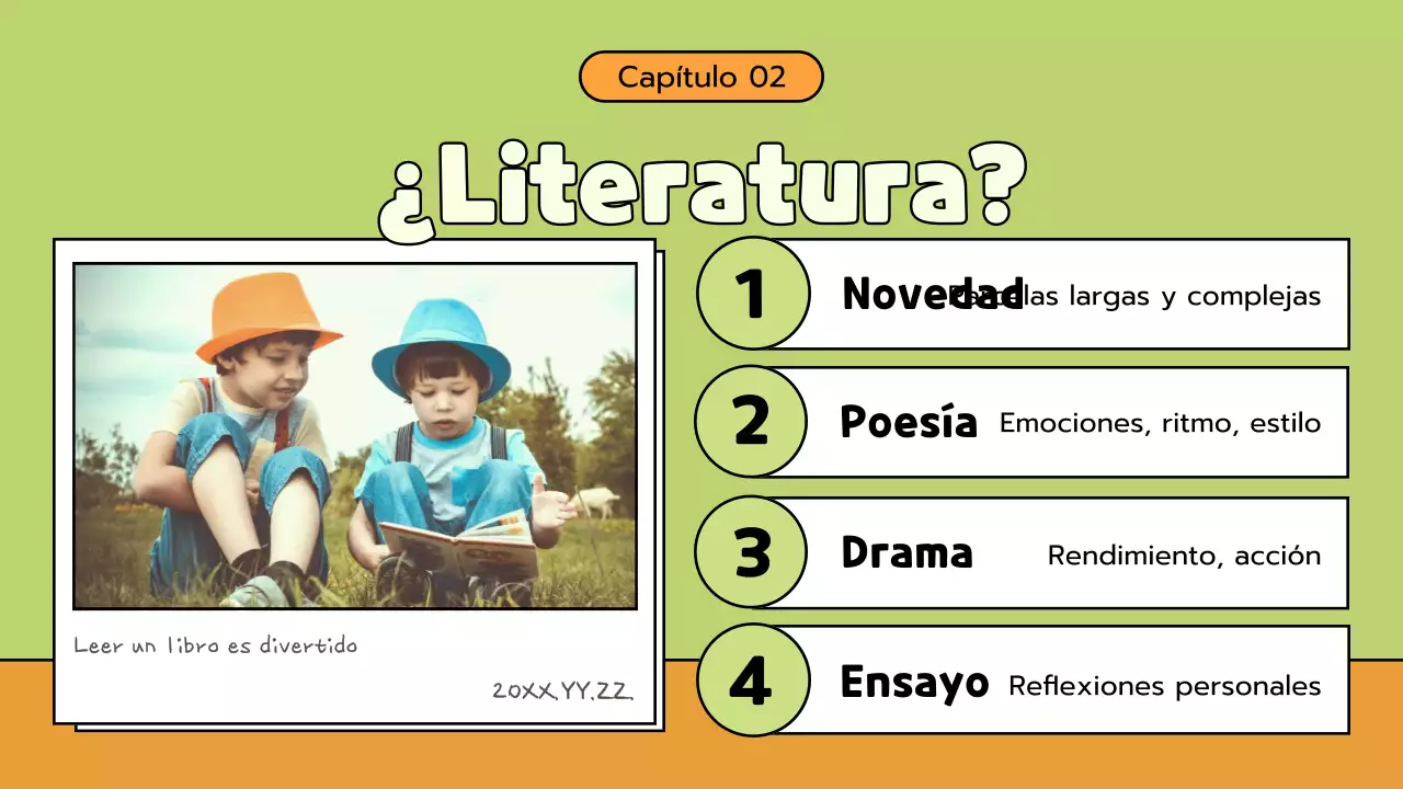 Material de clase de literatura cómica verde y naranja